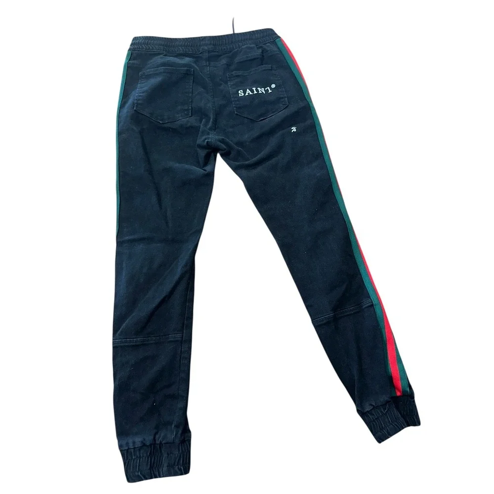 Saint Morta Black Red Green‎ Striped Distressed Denim Joggers Size Large